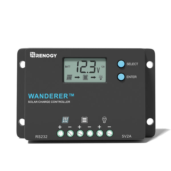 Controlador de carga solar con conexión a tierra negativa Renogy Wanderer de 10 amperios, 12 V/24 V, PWM