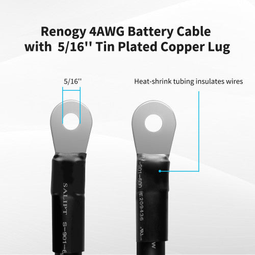 Renogy RNG-BatteryCb-16in-4 - 16In 4AWG Copper Battery Interconnect Cable for 5/16 in Lugs