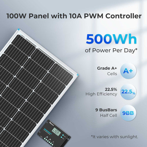 Renogy 100W 12V Monocrystalline Solar Starter Kit w/Wanderer 10A Charge Controller