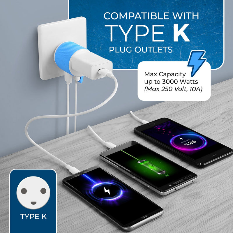 Denmark Travel Adapter - 3 in 1 - 2 USB - Type K - Compact Design (U2U-20)