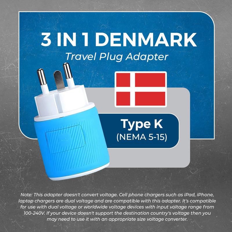 Denmark Travel Adapter - 3 in 1 - 2 USB - Type K - Compact Design (U2U-20)