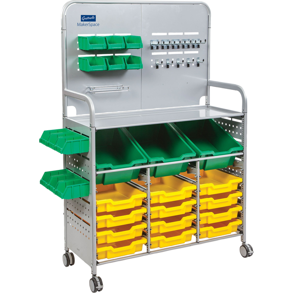 Gratnells MakerSpace Cart with Shallow and Deep Trays and Fixings Pack  16.15x40.38x61.58in Silver (12) Sunshine Yellow (3) Grass Green Trays