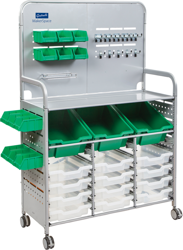 Gratnells MakerSpace Cart with Shallow and Deep Trays and Fixings Pack  16.15x40.38x61.58in Silver (12) Translucent (3) Grass Green trays