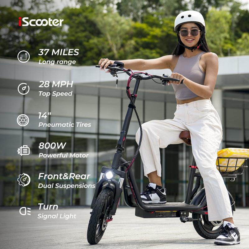 iScooter i14 800W Electric Scooter with Seat & Basket for Adults