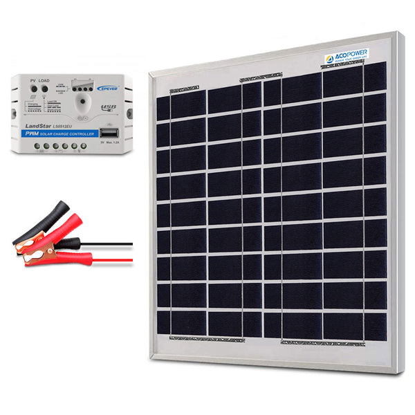 Kit de cargador solar Acopower de 15 W y 12 V, controlador de carga de 5 A con pinzas de cocodrilo