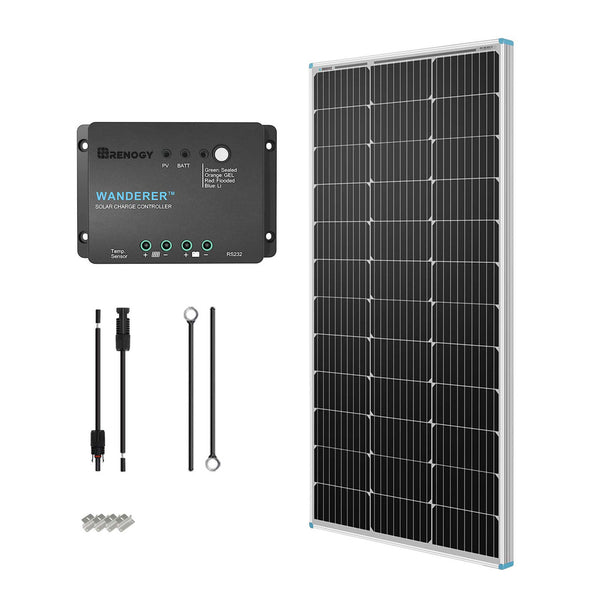 Kit de inicio solar monocristalino Renogy de 100 W y 12 V con controlador de carga Wanderer de 30 A