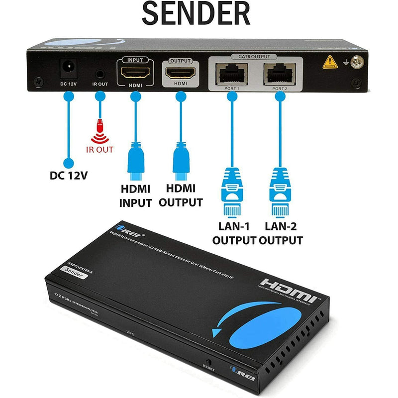 4K UltraHD 1x2 HDMI Extender Splitter Over CAT6/7 Up to 100 Ft with IR Remote & Loop-out (UHD12-EX100-K)