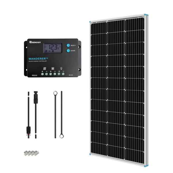 Kit de inicio solar monocristalino Renogy de 100 W y 12 V con controlador de carga Wanderer de 10 A