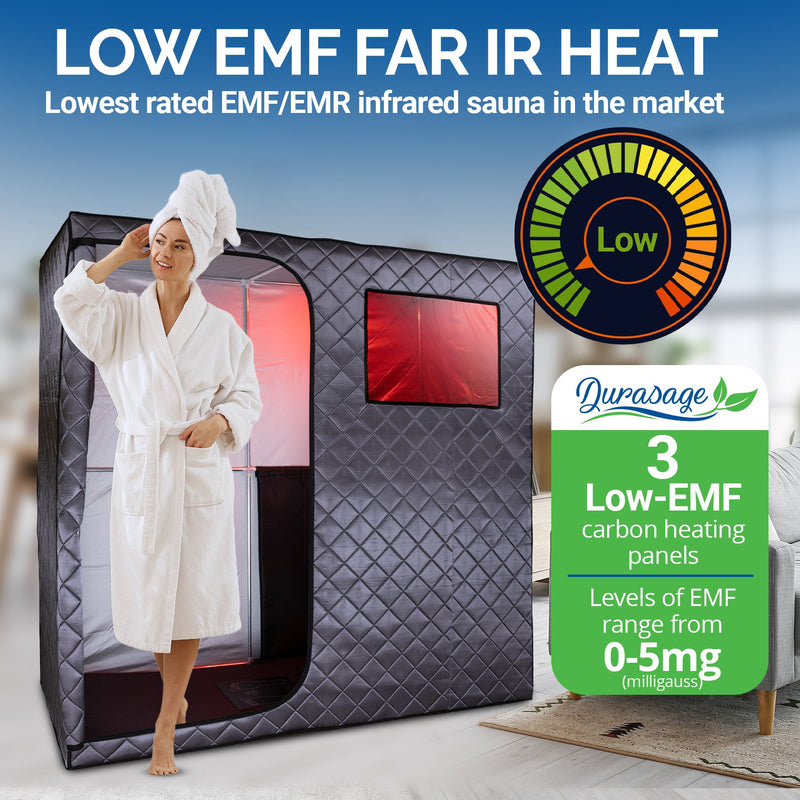 Durasage Health - Durasage Portable Full Size Infrared Sauna for at Home | Ultra Low EMF Infrared | LED Lighting, Heating Foot Pad, Ceramic Heat Fan (2-Person)