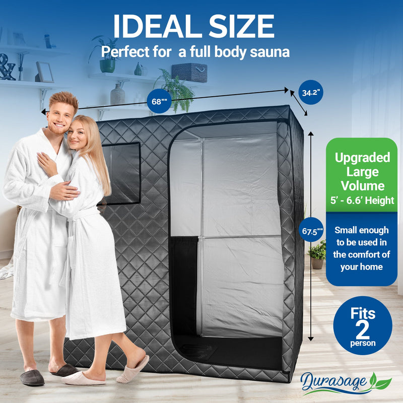 Durasage Health - Durasage Portable Full Size Infrared Sauna for at Home | Ultra Low EMF Infrared | LED Lighting, Heating Foot Pad, Ceramic Heat Fan (2-Person)