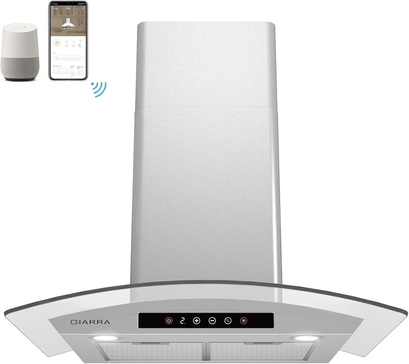 CIARRA 30 Inch Smart Wall Mount Canopy Range Hood With Alexa And Google Home Voice Control CAS75502W-OW