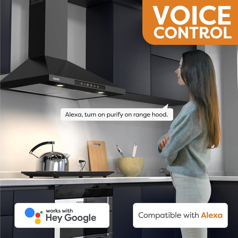 CIARRA 30 Inch Smart Wall Mount Range Hood with Alexa and Google Home Voice Control CAB75206W-OW