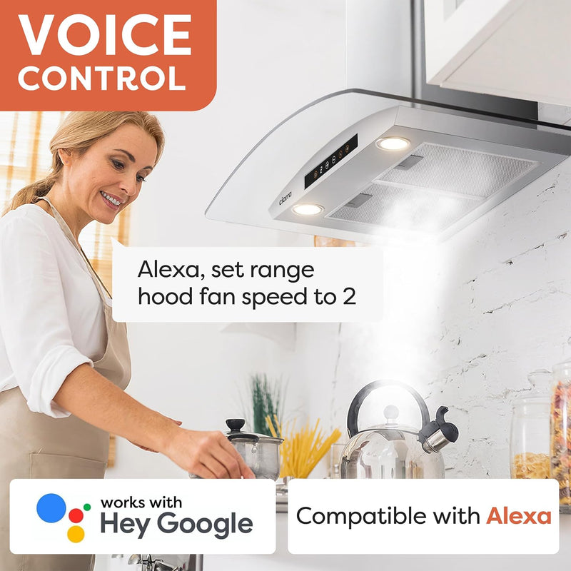 CIARRA 30 Inch Smart Wall Mount Canopy Range Hood With Alexa And Google Home Voice Control CAS75502W-OW