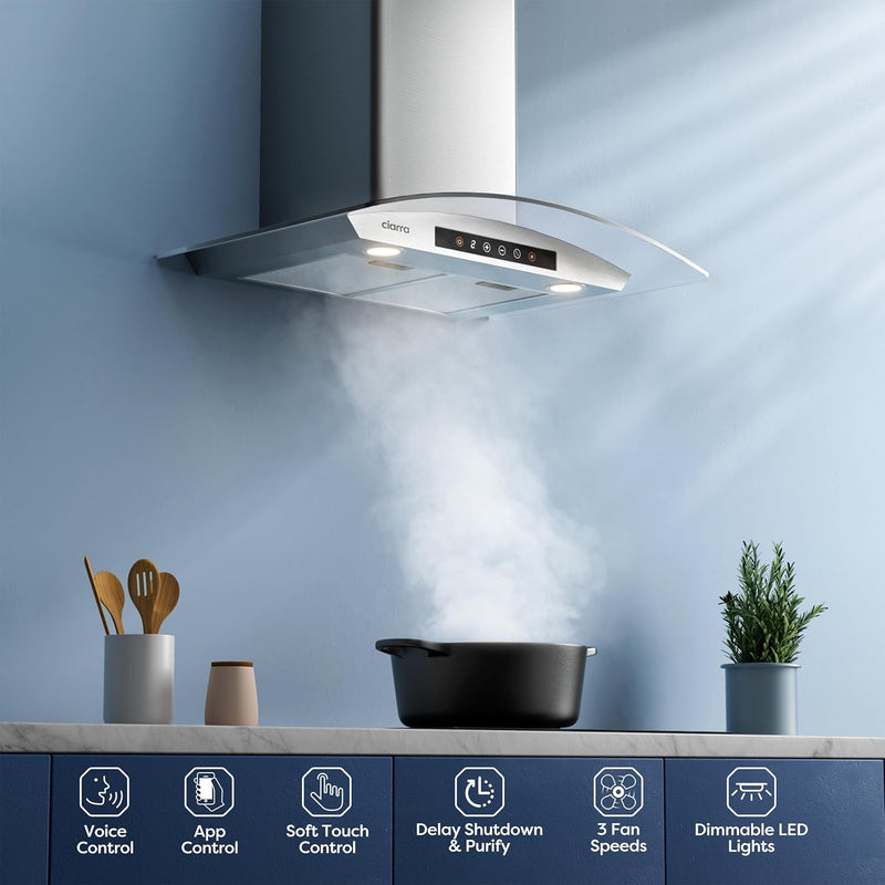 CIARRA 30 Inch Smart Wall Mount Canopy Range Hood With Alexa And Google Home Voice Control CAS75502W-OW