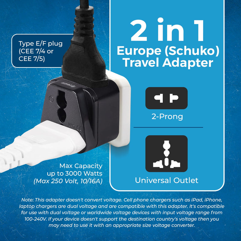 Germany, France Travel Adapter - 2 in 1 - Type E/F - Compact Design (DB-9)