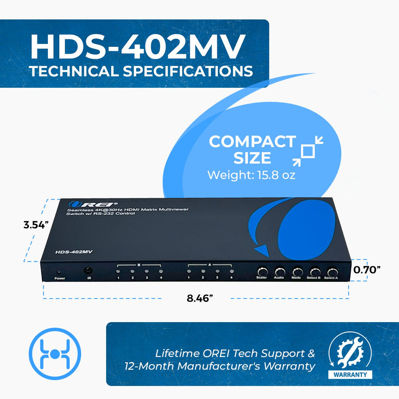 4K@30Hz HDMI Matrix Multiviewer Switch w/ RS-232 Control (HDS-402MV)