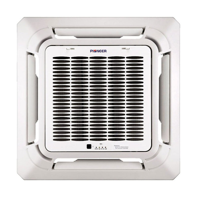 Sistema completo de aire acondicionado con bomba de calor y minisplit de casete compacto de 8 vías Pioneer® de 18 000 BTU y 20,5 SEER2 de 230 V