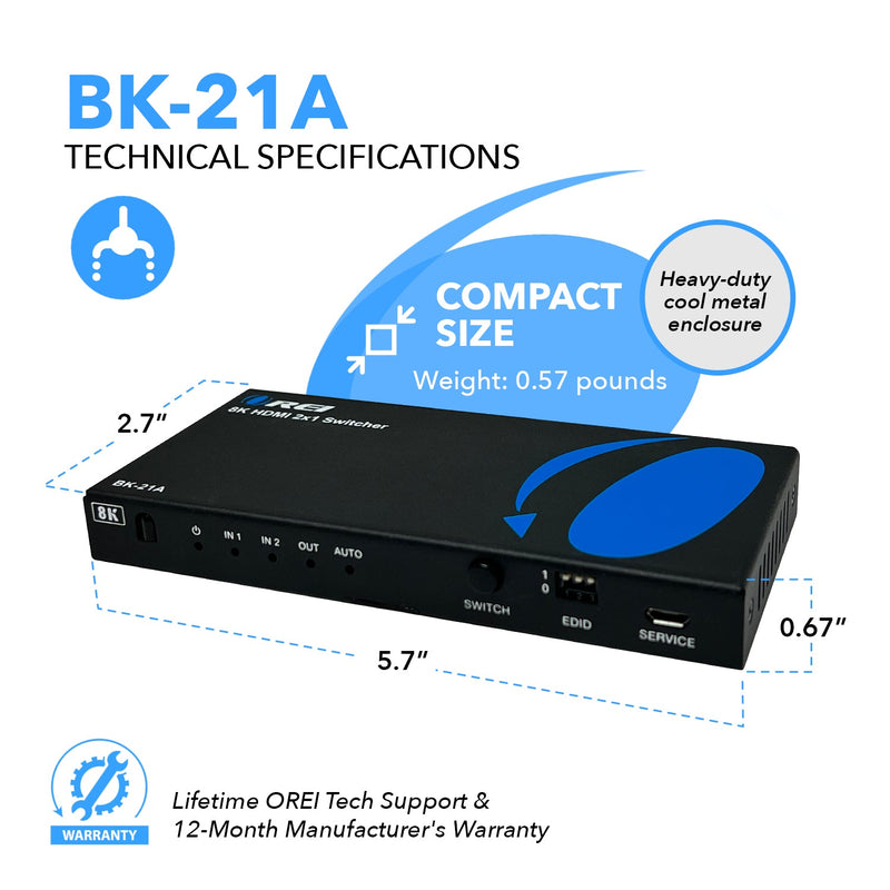 8K HDMI 2x1 Switch with Audio Extraction and EDID management (BK-21A)