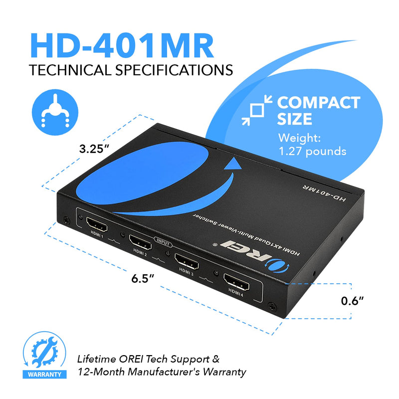 Quad Multi Viewer 4x1 Seamless HDMI Switch With HDMI Output Full HD 1080p (HD-401MR)