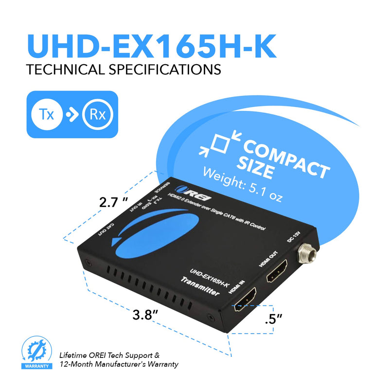 4K HDMI Extender Over Cat6/7 Cable upto 165 ft - IR & Loop-out (UHD-EX165H-K)