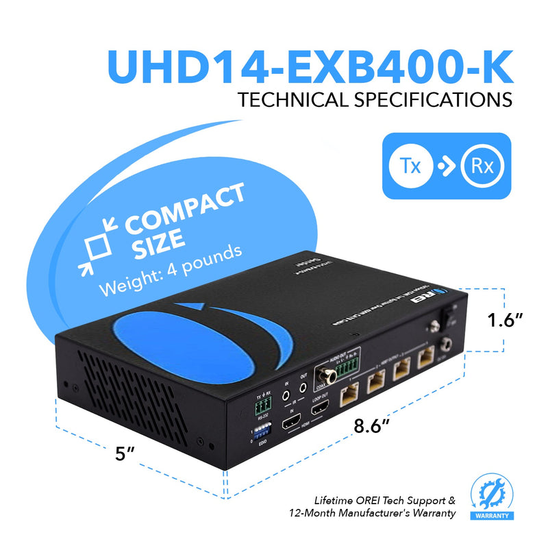 4K 1x4 HDMI Extender Splitter over CAT 6 up to 400 feet with PoC, Bi-directional IR control, EDID management (UHD14-EXB400-K)