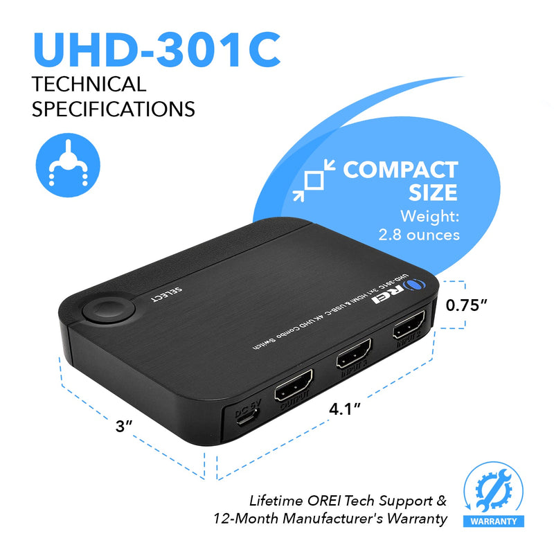 4K 3x1 HDMI Switch 2 HDMI + USB-C Input (UHD-301C)