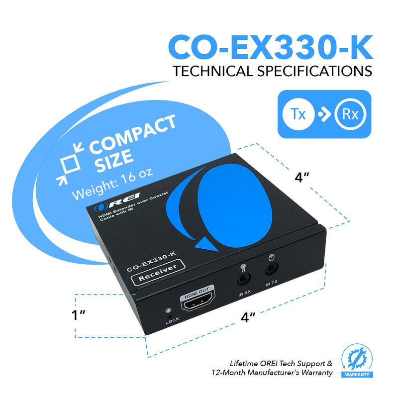 HDMI Extender Balun Over Coaxial Upto 330 Feet - 1080p@60Hz Over 75Ohm RG-6U, Bi-directional IR, Cascadable (CO-EX330-K)