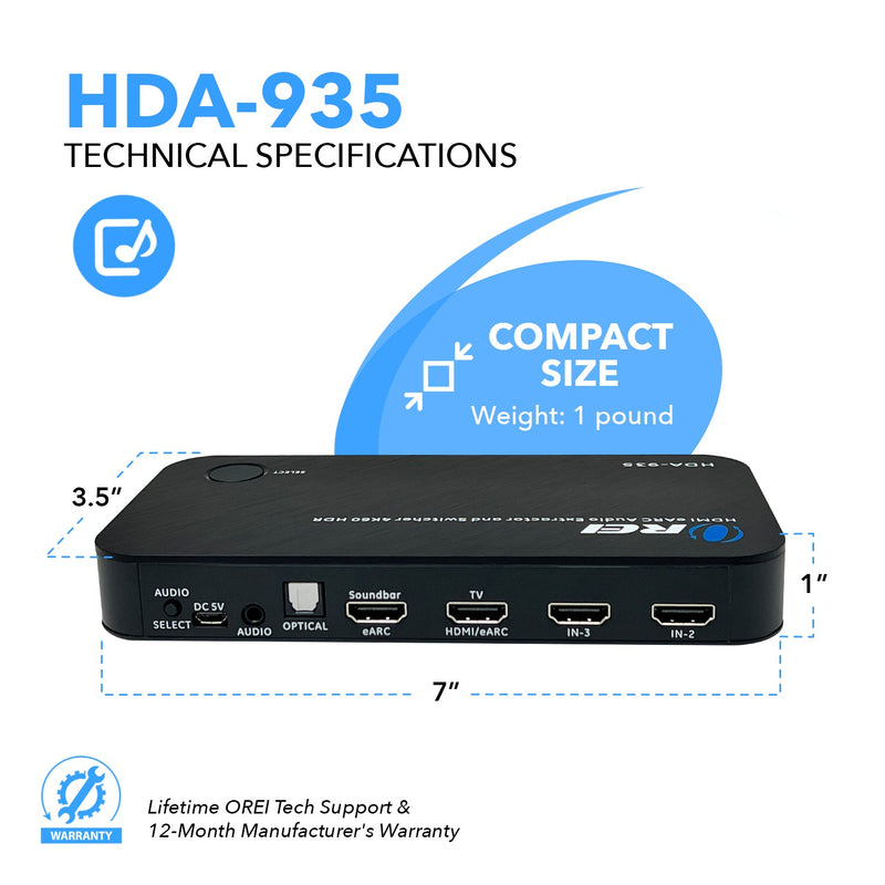 Dual HDMI eARC Audio Extractor 4K@60Hz with Optical Port & 3.5mm jack, 18Gbps bandwidth (HDA-935)