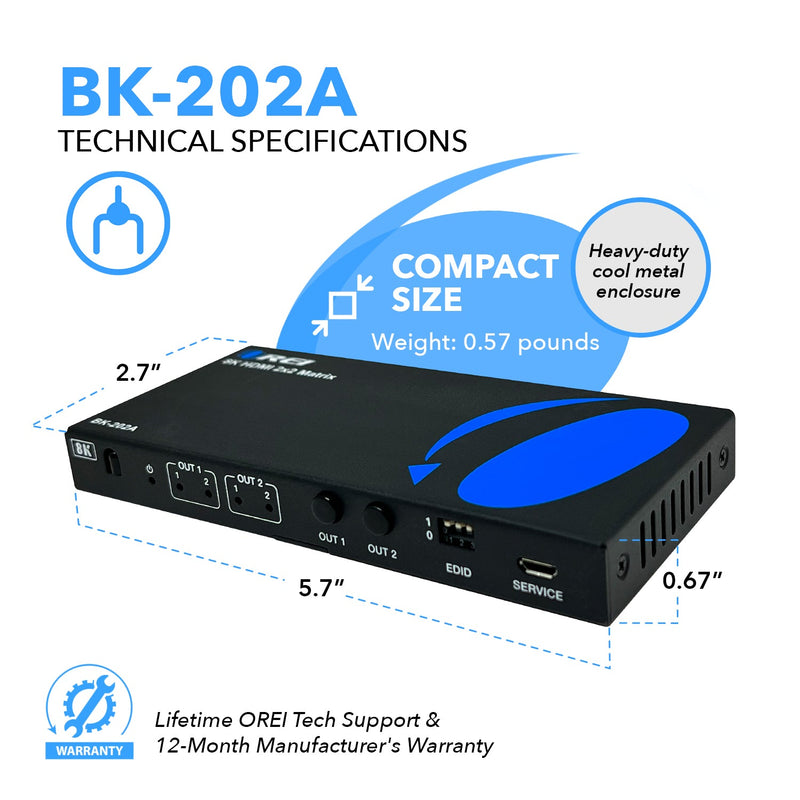 8K HDMI 2x2 Matrix Switcher with Audio Extraction (BK-202A)