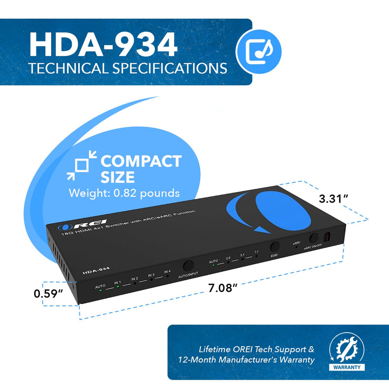 4K HDMI Audio Extractor Switch With ARC/eARC and EDID management (HDA-934)