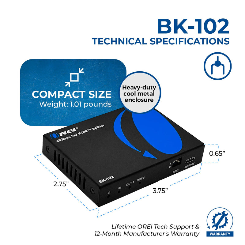 1x2 HDMI Splitter 1-In 2-Out, UltraHD 8K, EDID (BK-102)