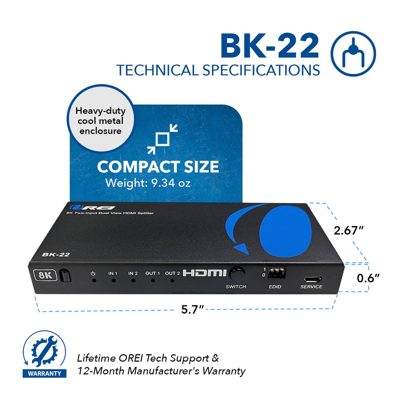 UltraHD 8K 2x2 HDMI Splitter : 2-in 2-out, EDID (BK-22)