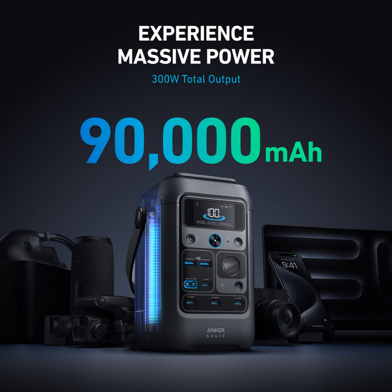 Anker SOLIX C300X DC Portable Power Station - 288Wh | 90000mAh with Carry Strap + FREE Anker 100W USB-C Cable