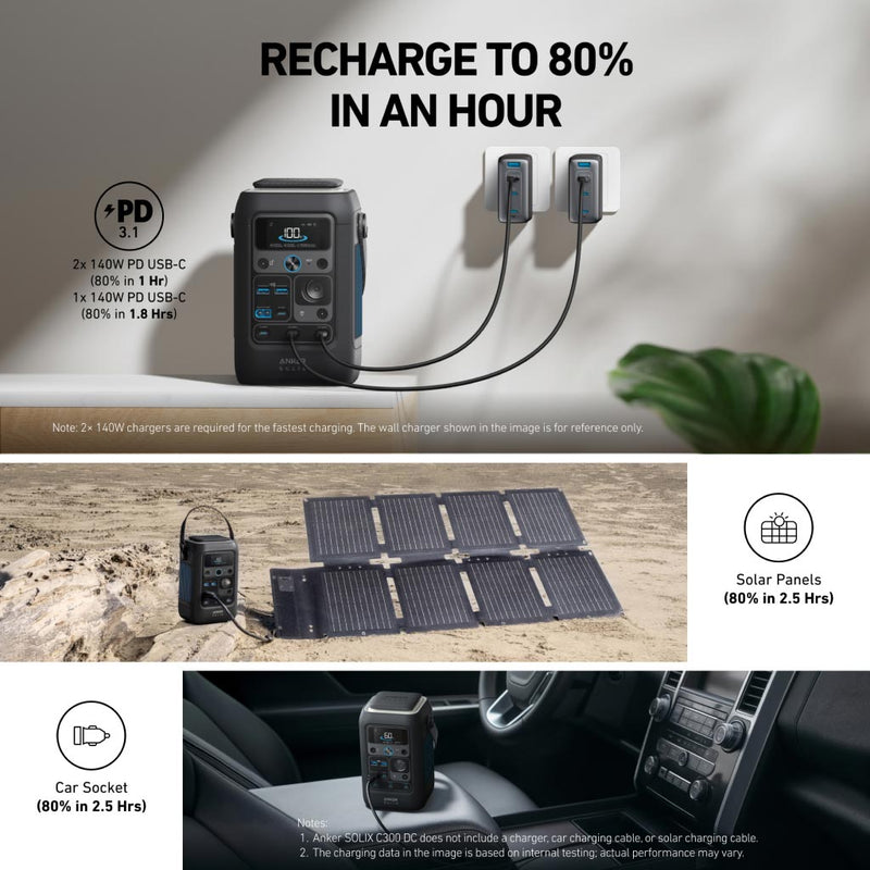 Anker SOLIX C300X DC Portable Power Station - 288Wh | 90000mAh with Carry Strap + FREE Anker 100W USB-C Cable