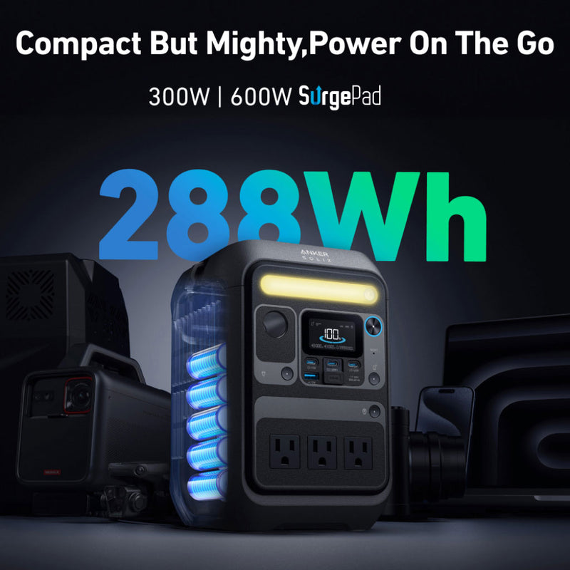 Anker SOLIX C300X Portable Power Station - 288Wh | 300W with Carry Strap + FREE Anker 100W USB-C Cable