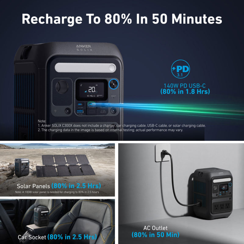 Anker SOLIX C300X Portable Power Station - 288Wh | 300W with Carry Strap + FREE Anker 100W USB-C Cable