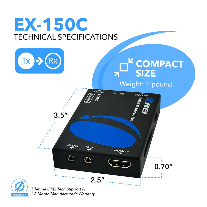 4K HDMI Extender Over CAT6/7 up to 165ft with PoC & Bi-directional IR (EX-150C)