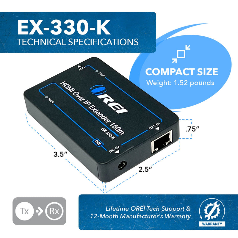 Orei EX-330-K HDMI Extender Signal Over Single CAT5e/CAT6 Ethernet Cable up to 330 feet (EX-330-K)