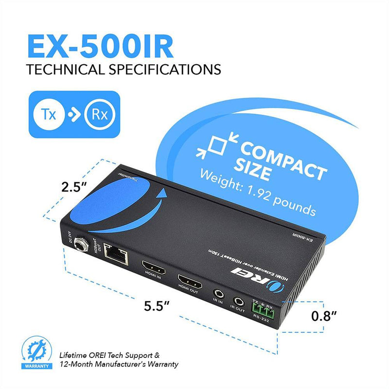 Full HD HDMI Extender With POC, Bi- directional IR,  RS-232 & PoC (EX-500IR)