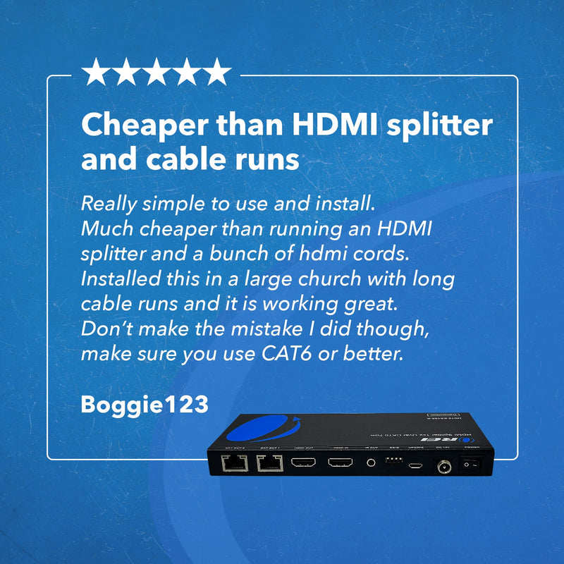 1x2 HDMI Extender Splitter Over CAT6/7 Up to 165 Ft- Loop-Out, IR Control & EDID (HD12-EX165-K)