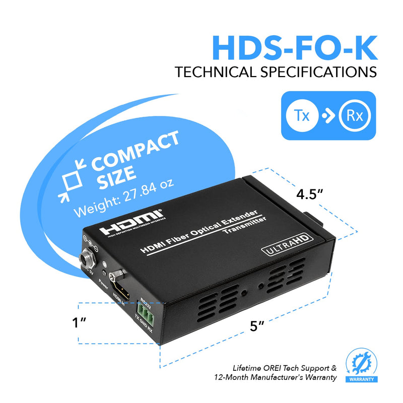 4K HDMI Extender Balun Over Fiber Optics Cable up to 1Km (3300 Feet), Supports IR, RS-232 (HDS-FO-K)