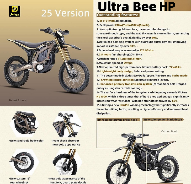 Motocicleta eléctrica todoterreno Surron Ultra Bee de 21 kW, año 2025