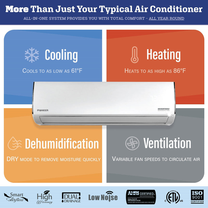 Aire acondicionado minisplit sin conductos Pioneer® Diamante Pro Series de 9000 BTU, 19 SEER2, con inversor y bomba de calor, conjunto completo de 230 V con kit de 16 pies