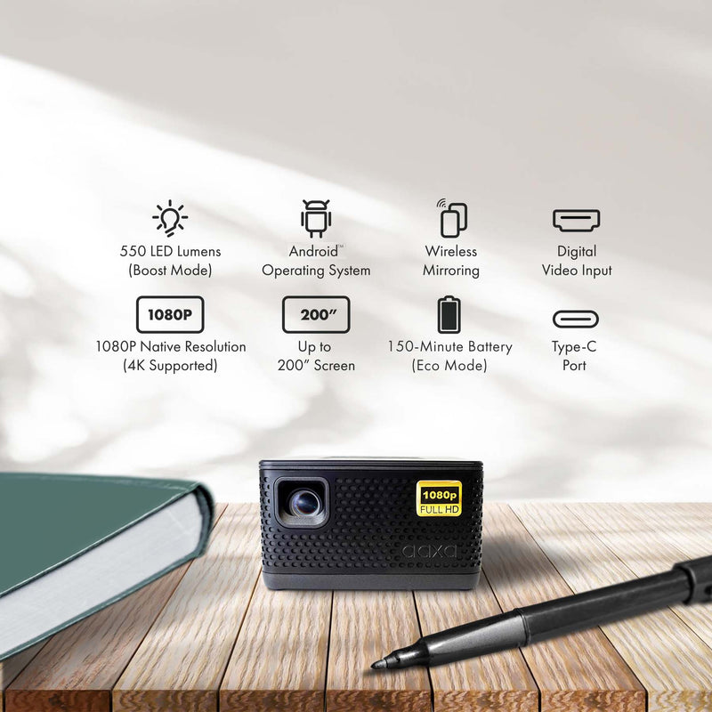 AAXA P7+ DLP Mini Projector, 1080P Native, USBC & Wireless Mirroring, Streaming Apps, WiFi/BT