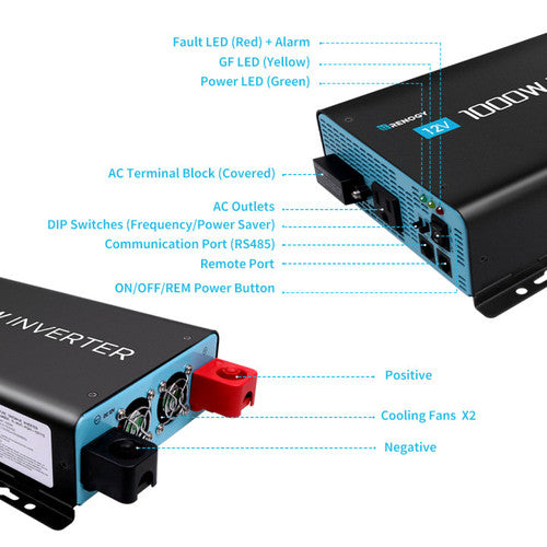 Renogy 12V 1000W Inverter, 120Vac, 50/60Hz(New Edition)