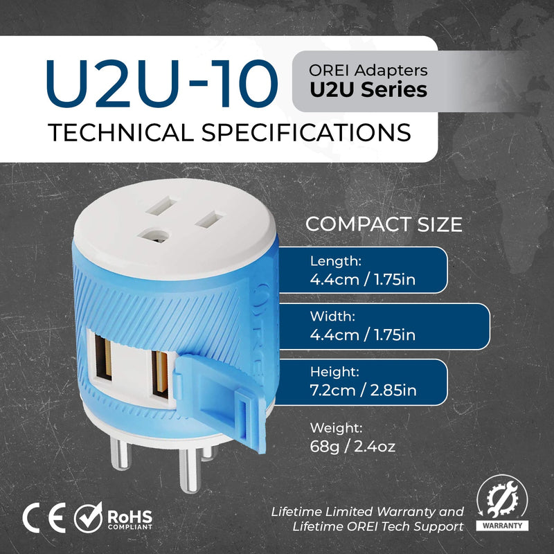 India, Nepal Travel Adapter - 3 in 1 - 2 USB - Type D - Compact Design (U2U-10)