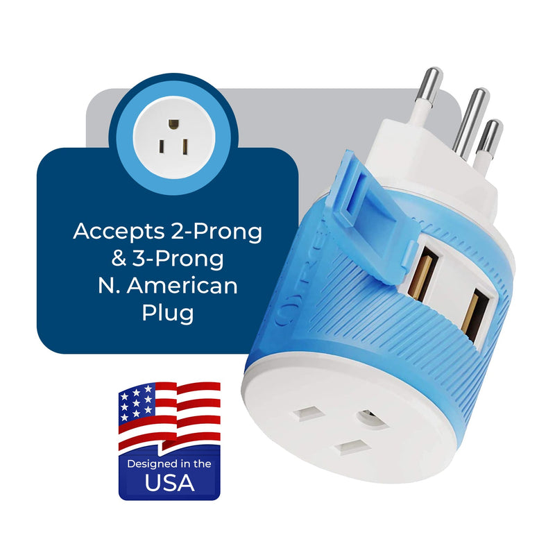 Brazil Travel Adapter - 3 in 1 - 2 USB - Type N - Compact Design (U2U-11C)