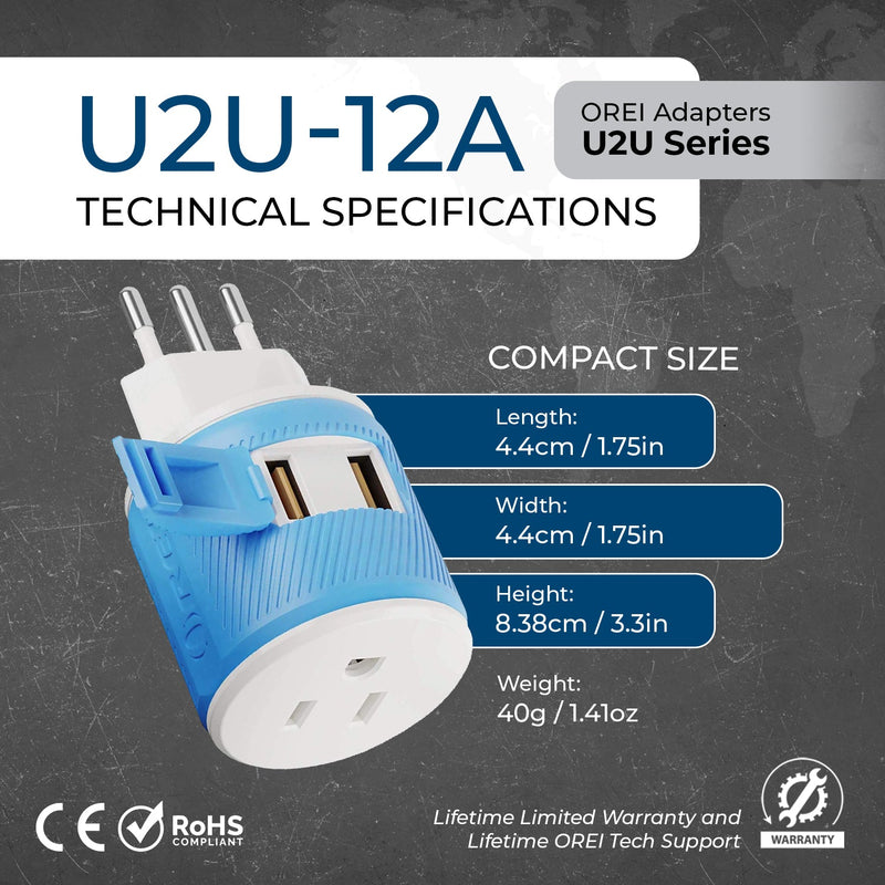 Italy, Uruguay Travel Adapter - 3 in 1 - 2 USB - Type L - Compact Design (U2U-12A)