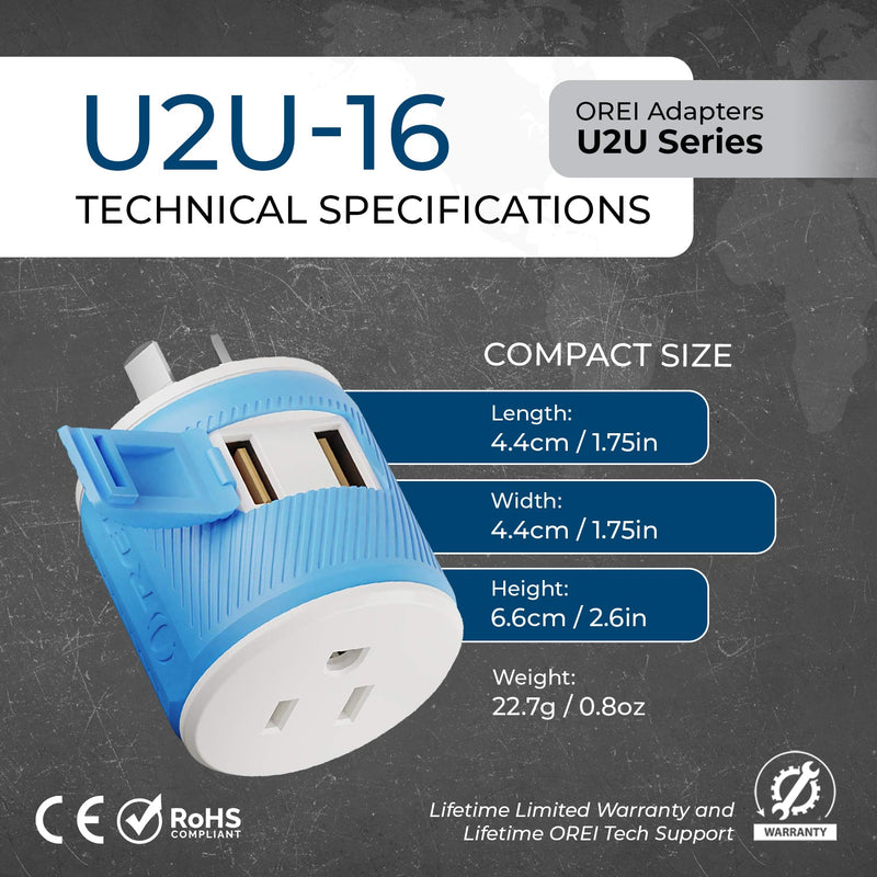 Australia, New Zealand Travel Adapter - 3 in 1 - 2 USB - Type I - Compact Design (U2U-16)