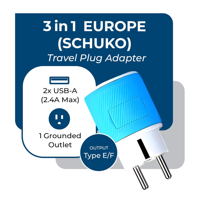 Europe, France Travel Adapter - 3 in 1 - 2 USB - Type E/F - Compact Design (U2U-9)